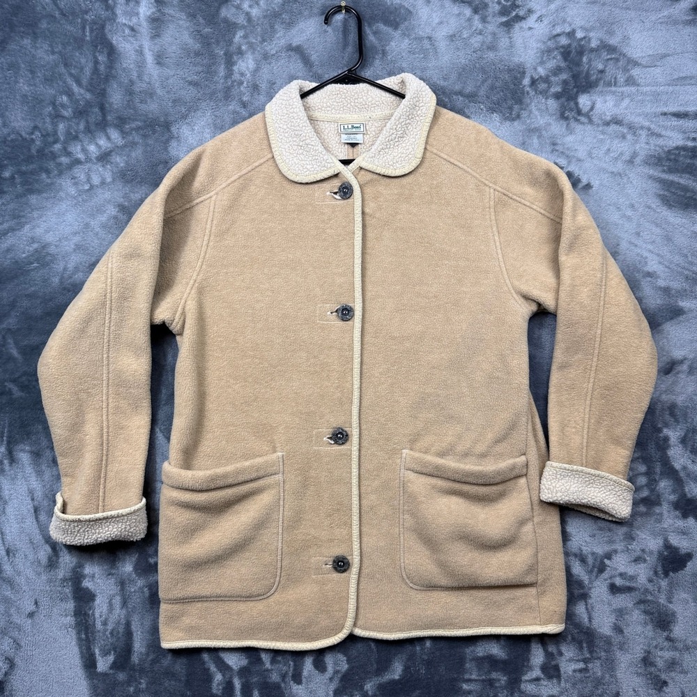 LL Bean Fleece Barn Coat Women M Tan Sherpa Trim Button Front Made in USA 0HH91